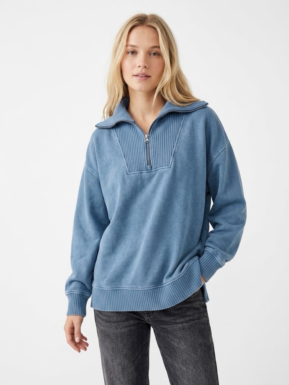 C&C California Blue Sunwashed Ribbed Quarter Zip Oversized Sweatshirt XL